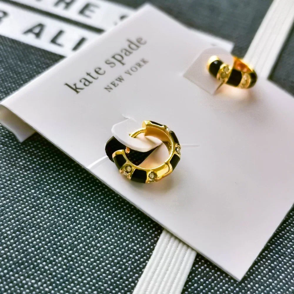 New Kate Spade Rare Form Striped Black Huggie Earrings Gold - Picture 2 of 3